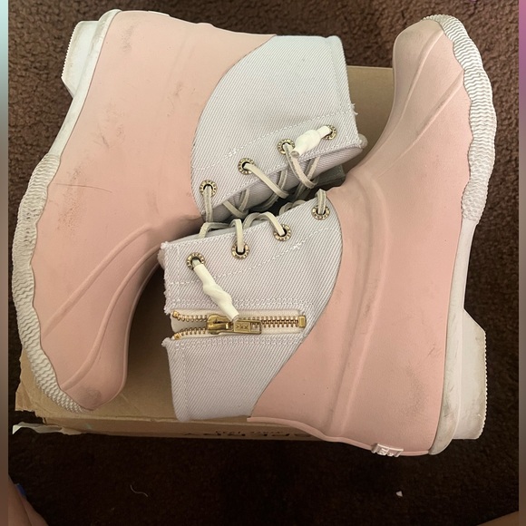 Sperry Top Sider Waterproof Duck Boots Pink Ivory Gold Zip Women 7, WORN - Picture 4 of 9